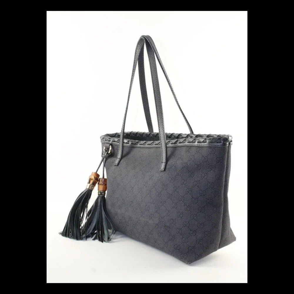 Gucci Black Monogram Denim Bamboo Fringe Tassel Tote 2GK1214K